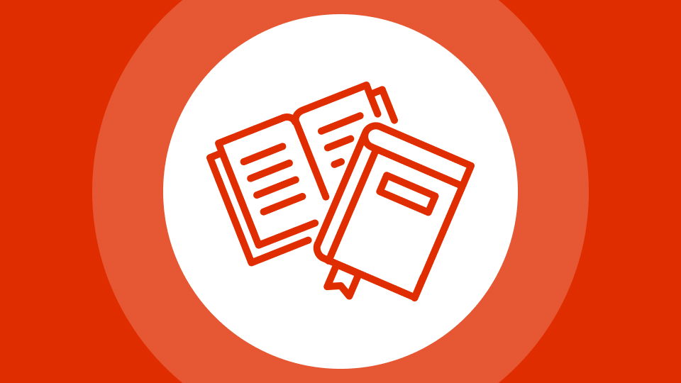 Icon of two red books, one open with visible lines and the other closed with a label and bookmark, inside a white circle against a red background.