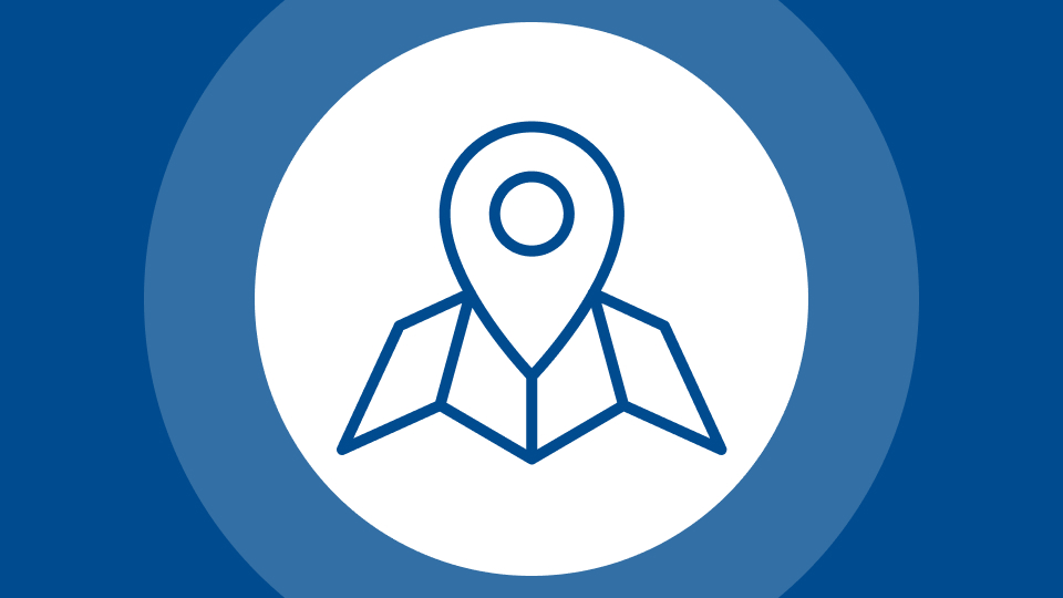 Map with a location pin icon inside a white circle on a blue background.