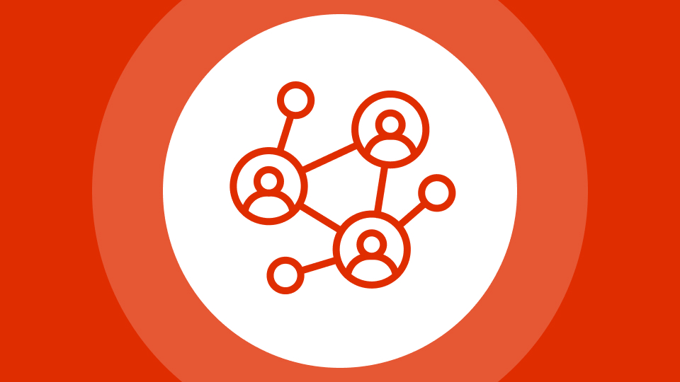 Network icon with three connected user profiles inside a white circle on a red background.