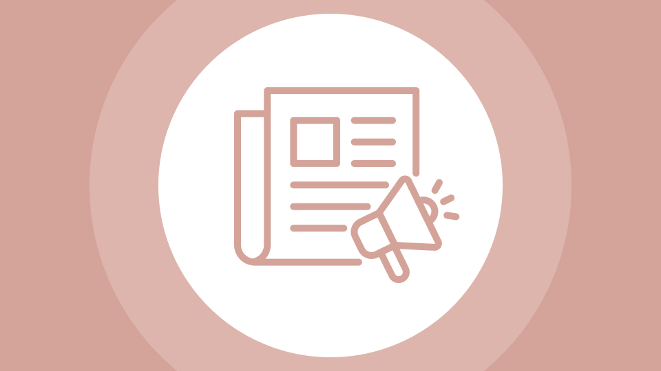 Icon of a newspaper with a megaphone inside a white circle on a dull brown background.