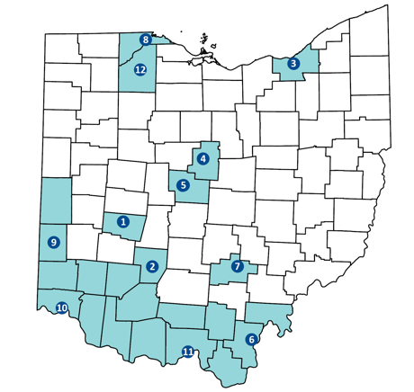 Map of Ohio counties with 12 numbered blue-highlighted regions scattered across the state.