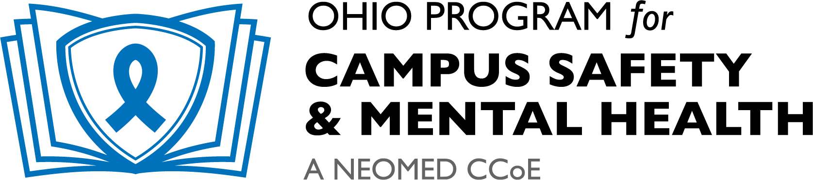 Logo of Ohio Program for Campus Safety and Mental Health with a blue ribbon and shield icon.
