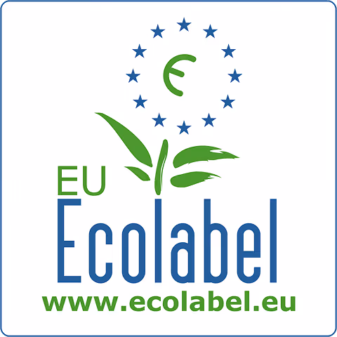 Logo EU Ecolabel with green leaf and blue stars circle, www.ecolabel.eu below.