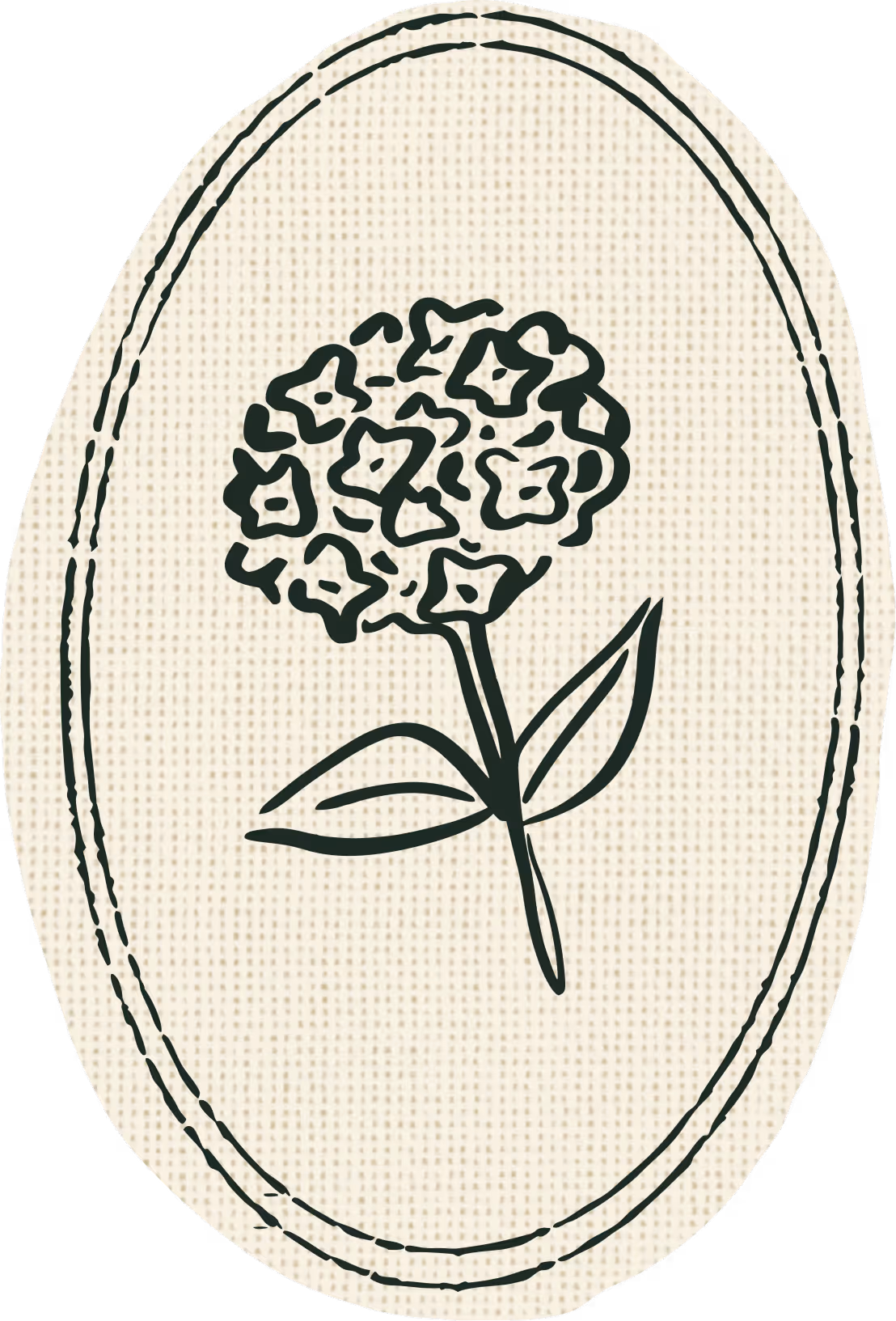Dessin brodé noir d'une fleur à petites fleurs en forme d'étoile avec deux feuilles sur fond beige.