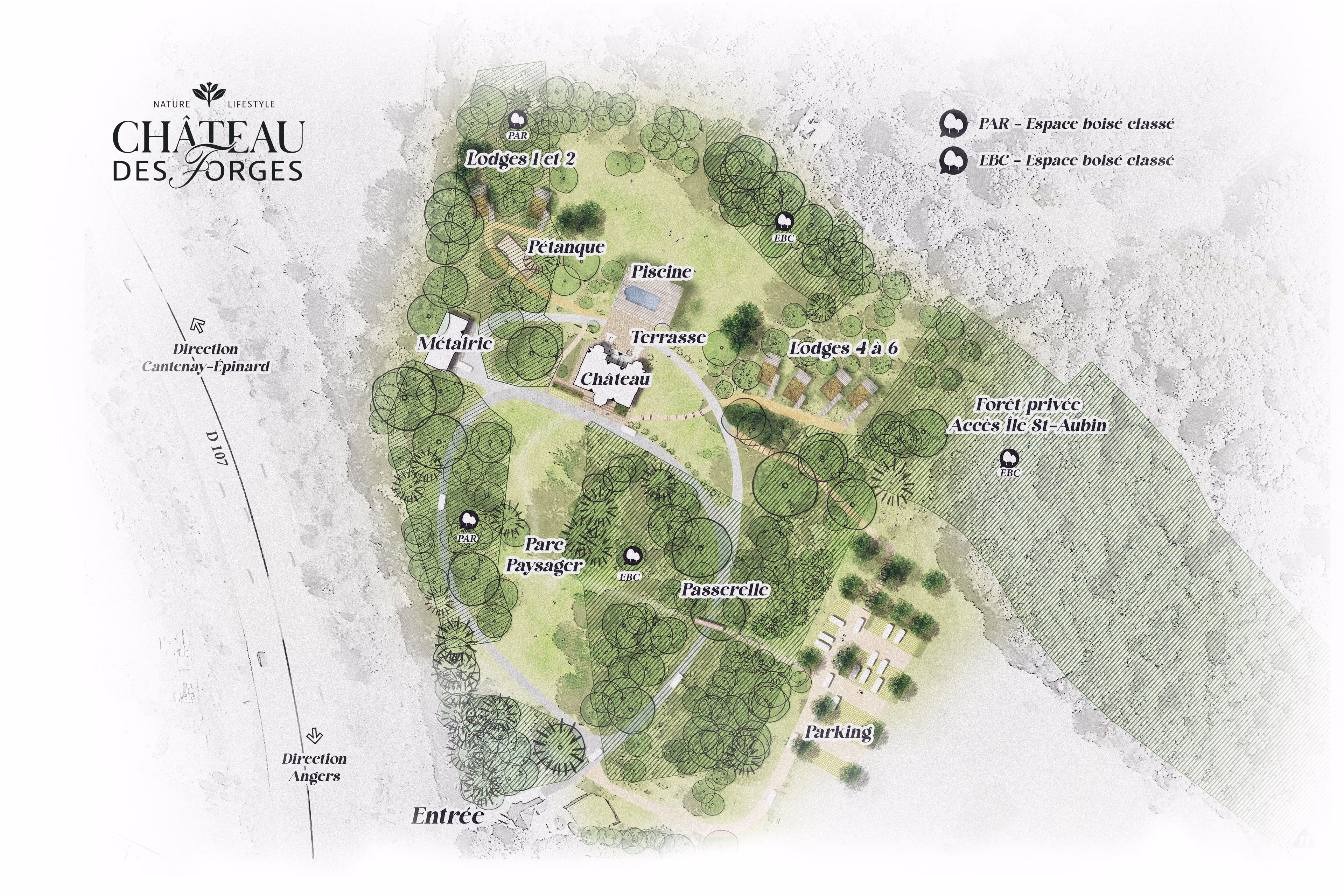 Plan du domaine Château des Forges montrant l'entrée, la métairie, le château avec terrasse et piscine, les lodges 1 à 6, un terrain de pétanque, un parc paysager, une passerelle, un parking, une forêt privée avec accès à l'île St-Aubin, et des espaces boisés classés identifiés par les abréviations PAR et EBC.