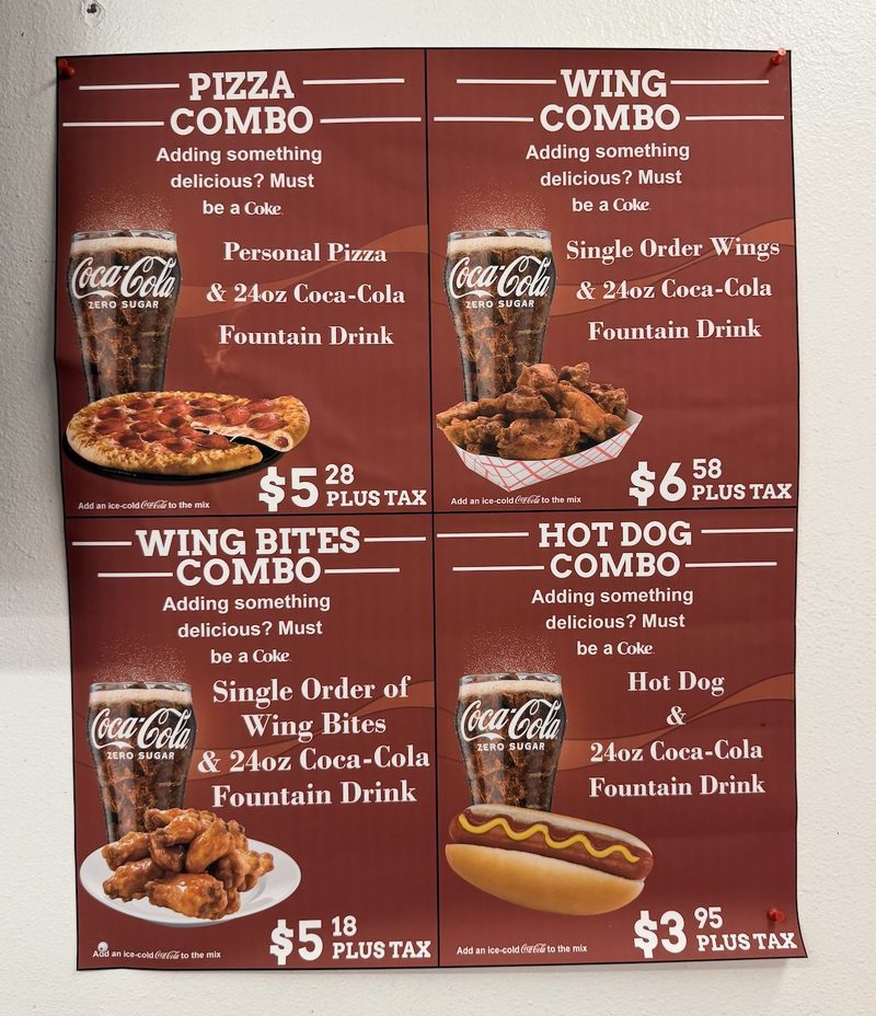 Before: a laminated paper combo sheet taped up at the same store