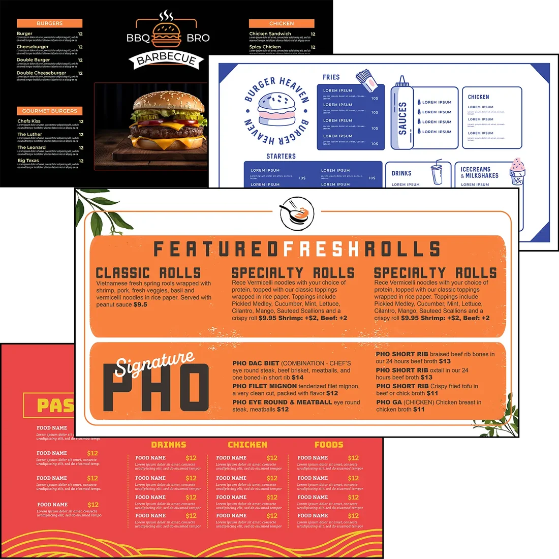 Four finished menu board designs: barbecue, burgers, fresh rolls and pasta