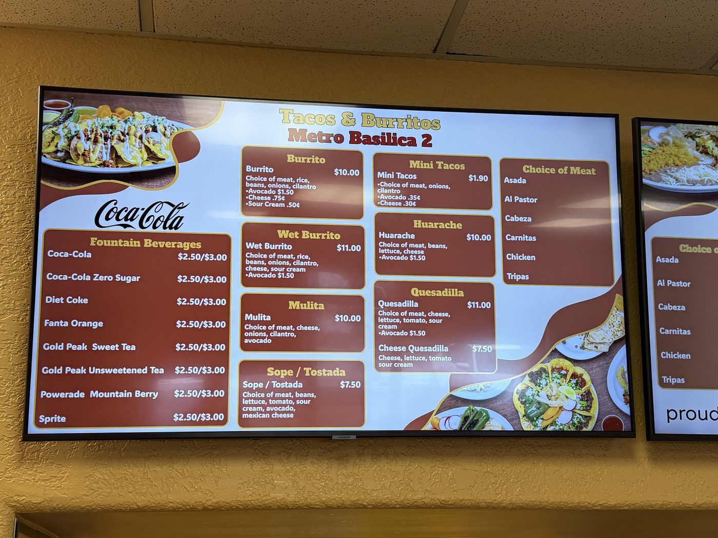 Menu boards with burritos, mini tacos and a fountain drinks list at Tacos & Burritos Metro Basilica 2 in Phoenix