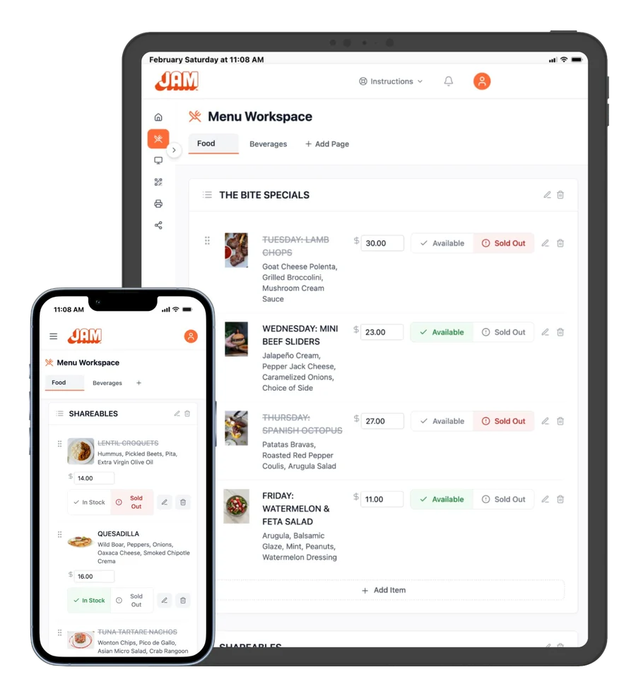 Menu Workspace on a tablet and a phone, with prices and Available or Sold Out buttons for each item