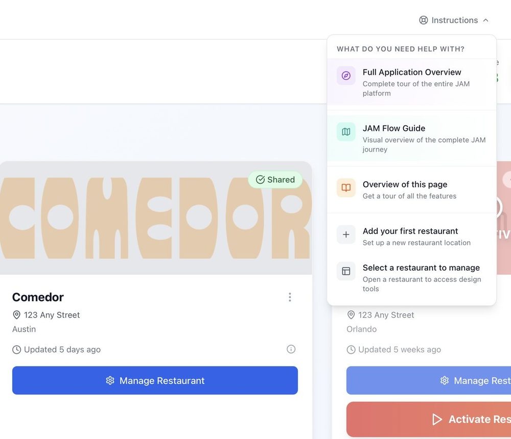 The Just a Menu dashboard with the Instructions menu open, listing step-by-step tutorials