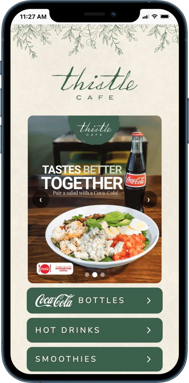 Thistle Cafe's QR menu on a phone, with its menu sections as buttons