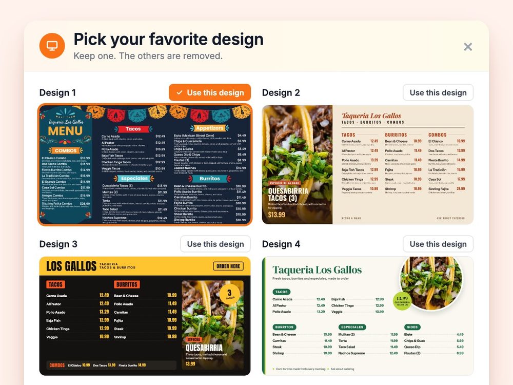 The Pick your favorite design window with four finished menu board designs