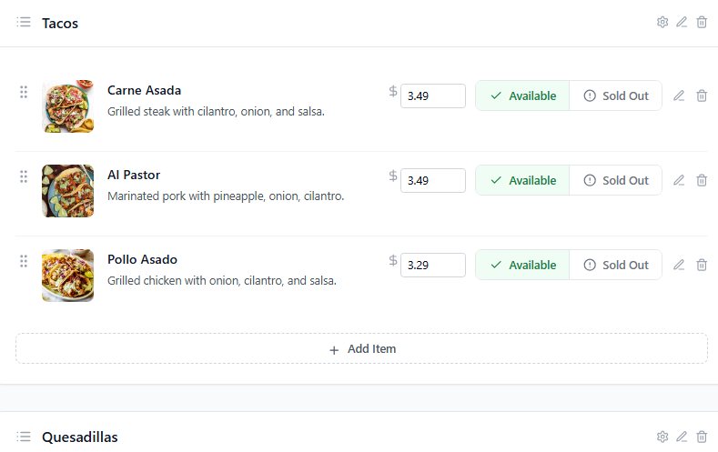 Menu Workspace for our demo taqueria: each taco with a price box and Available or Sold Out buttons