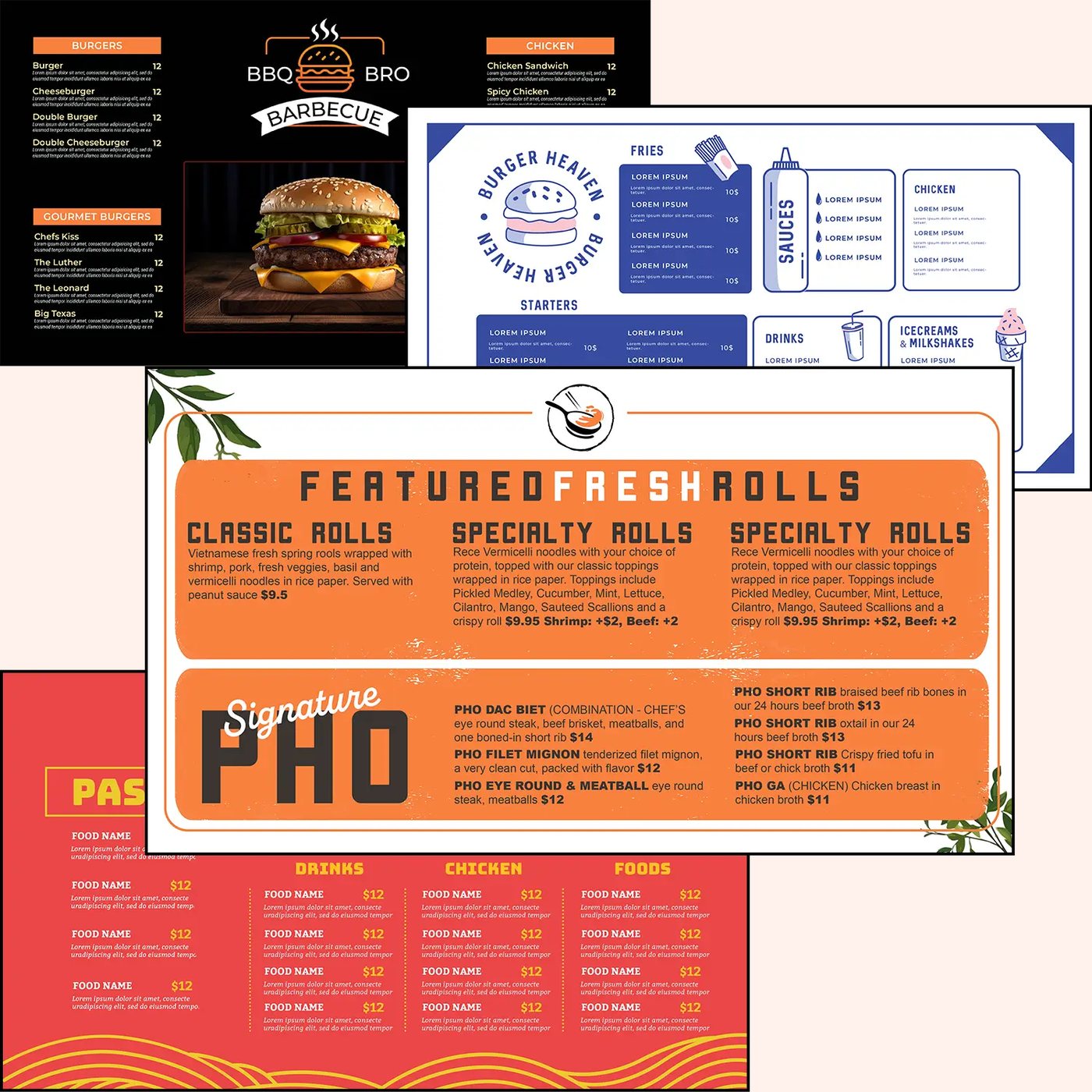 Four designs from the Just a Menu design library, overlapping