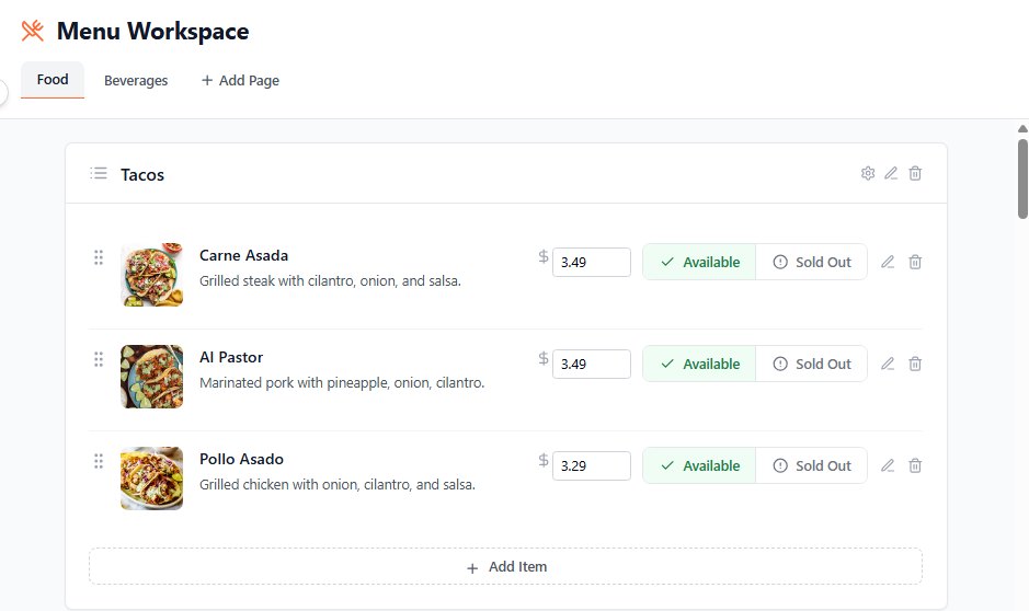 Menu Workspace with tacos, prices and Available or Sold Out buttons for each item