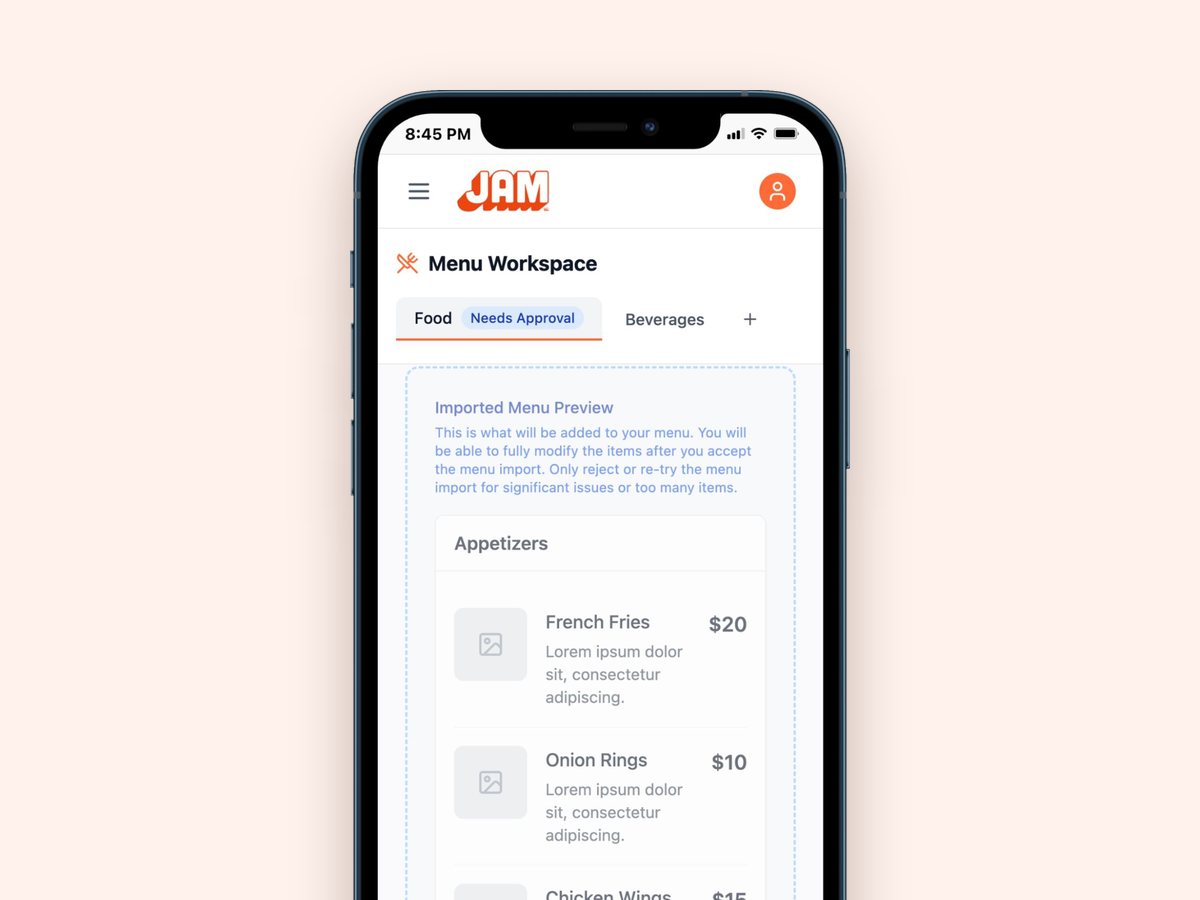 Menu Workspace on a phone, showing the Imported Menu Preview with appetizers and their prices, waiting for approval