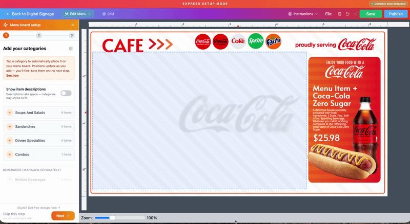 Express setup screen: categories such as Soups and Salads and Combos on the left, a cafe board template on the right