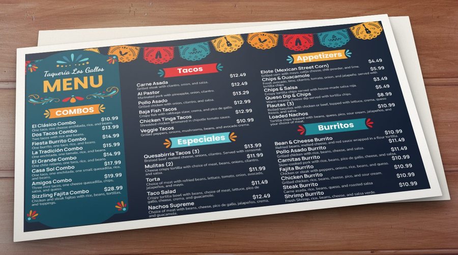 The same taqueria menu as a printed menu on a wooden table