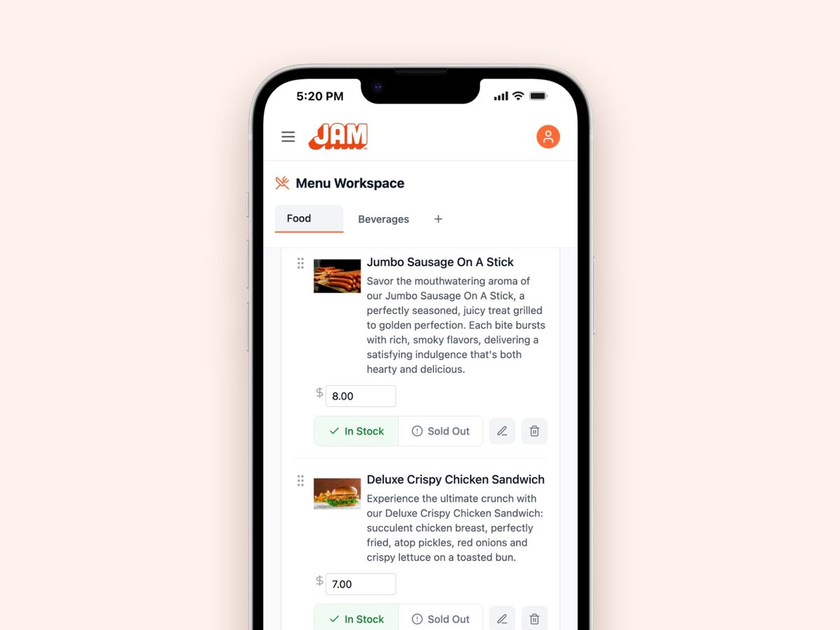 Menu Workspace on a phone: items with their prices and In Stock or Sold Out buttons