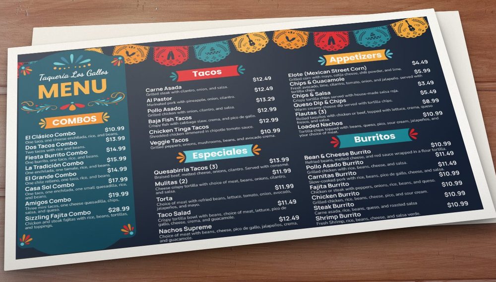 The same taqueria's printed menu on a table