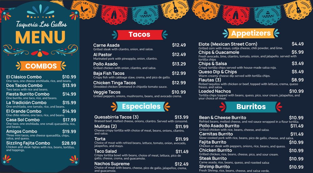 A taqueria menu board with tacos, especiales, burritos and combos