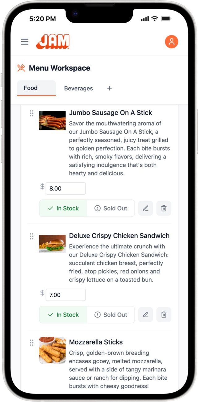 Menu Workspace on a phone, with a price and In Stock or Sold Out buttons under each item