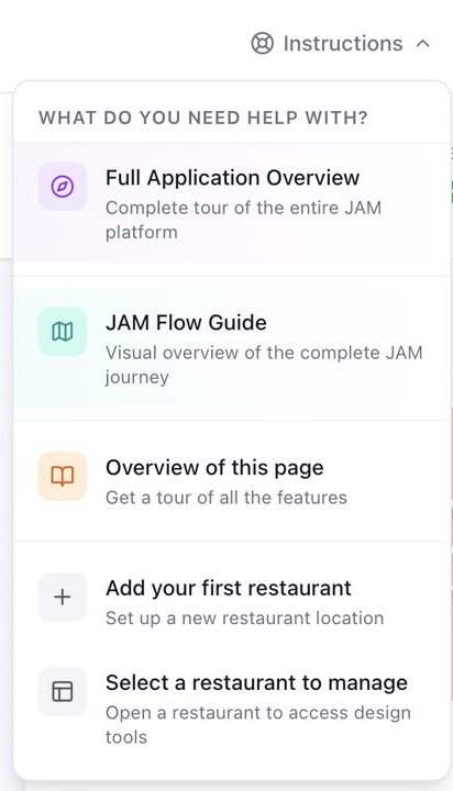 The Instructions menu in Just a Menu, asking What do you need help with, with Full Application Overview at the top