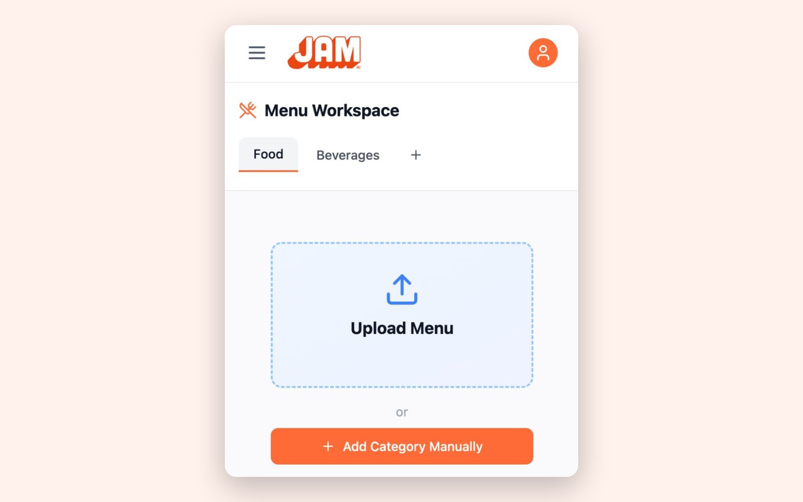 Menu Workspace on a phone, with a large Upload Menu card and an Add Category Manually button