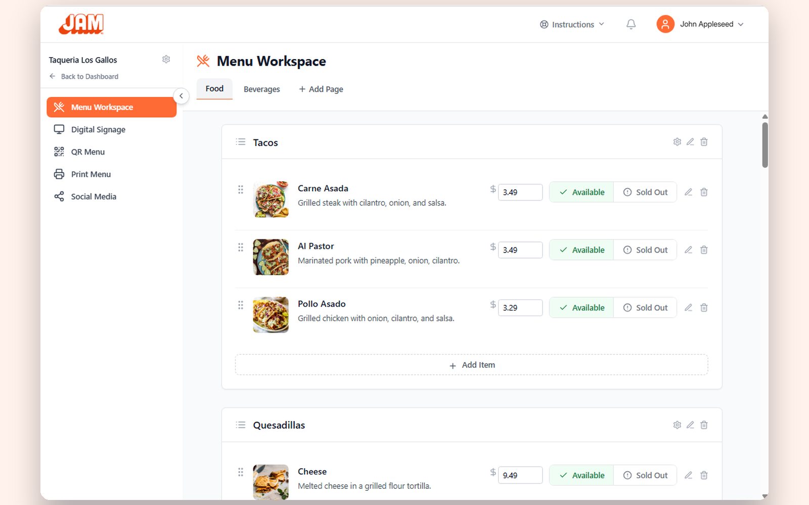 Menu Workspace with tacos listed, each with a price box and Available or Sold Out buttons