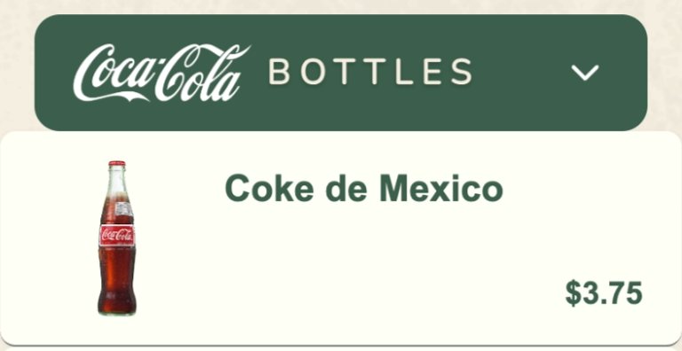 A QR menu drinks section headed Coca-Cola Bottles, with a bottle photo beside Coke de Mexico at $3.75