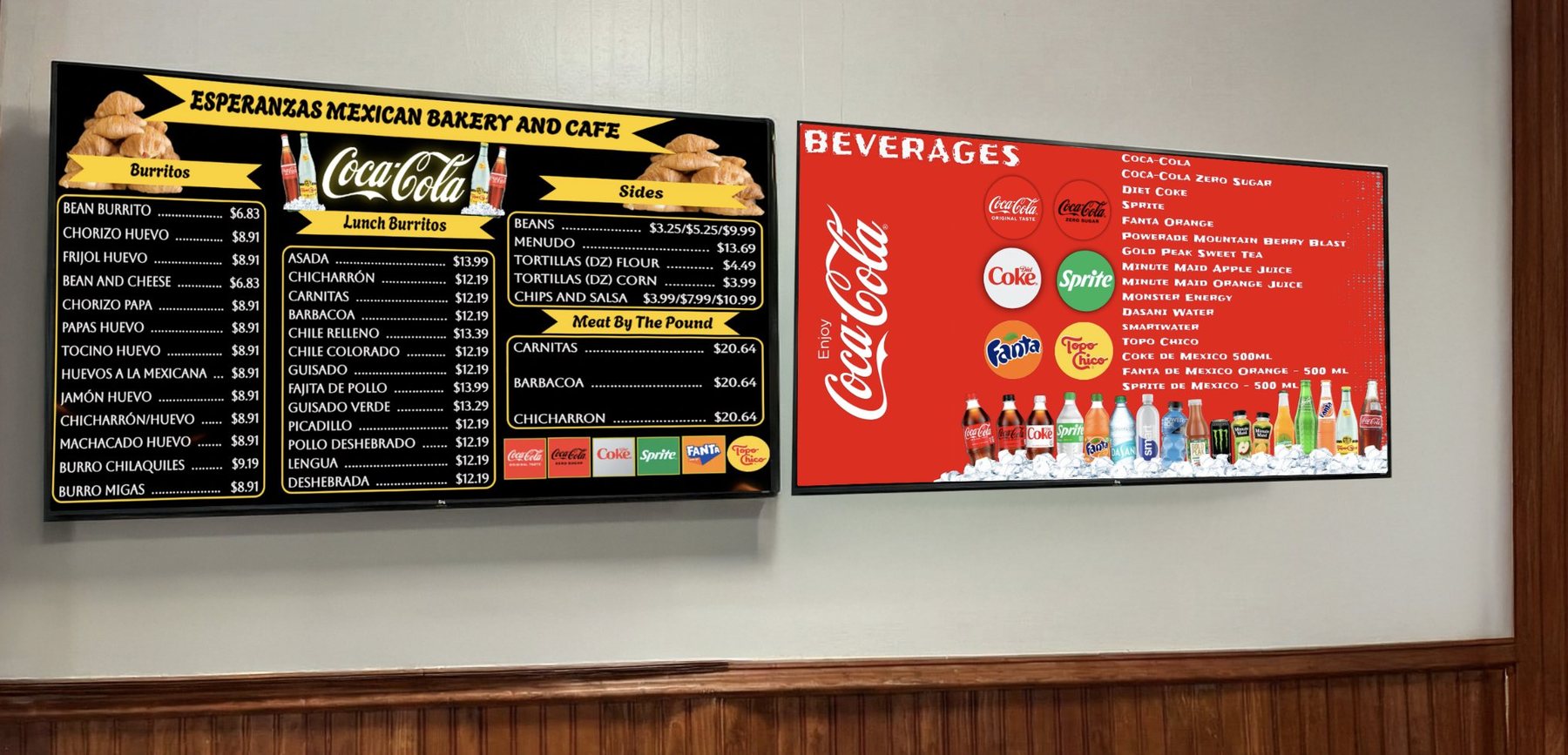 After: a black and gold menu board and a red Coca-Cola beverages board at Esperanza's Mexican Bakery & Cafe