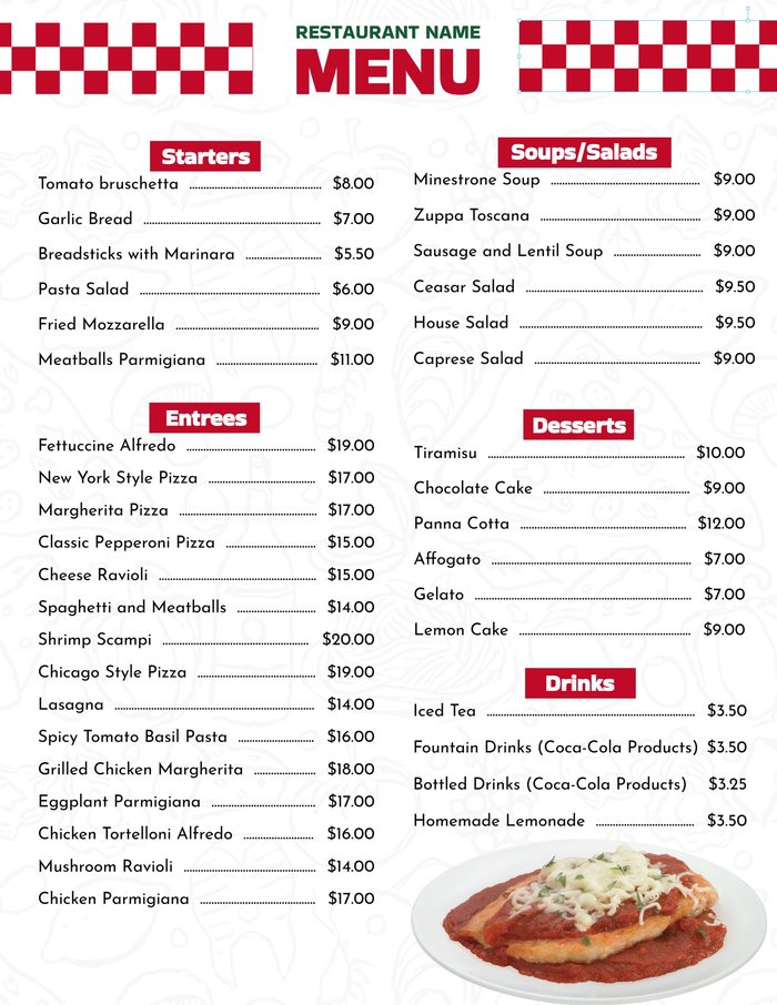 A letter-size print menu with starters, soups, entrees, desserts and drinks