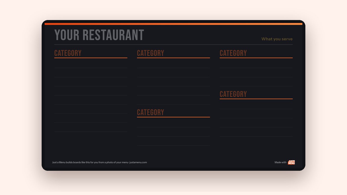 The blank three-column menu board template on a TV, with empty lines and faint category labels