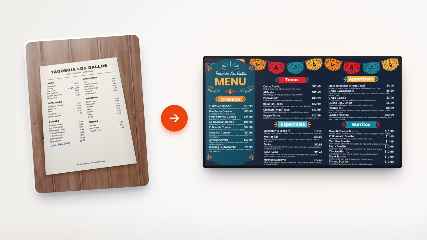 A paper taqueria menu next to the finished menu board built from it