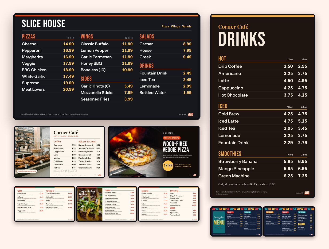 Six free menu board templates on TVs: pizza, tall drinks, cafe, special of the day, and three- and two-screen taqueria