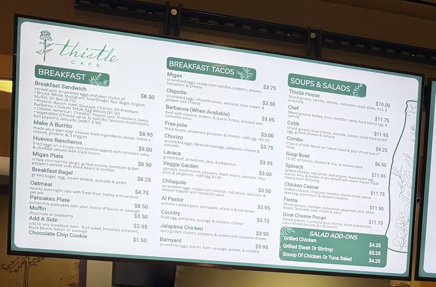 Thistle Cafe's breakfast board: breakfast sandwiches, breakfast tacos, soups and salads, with prices