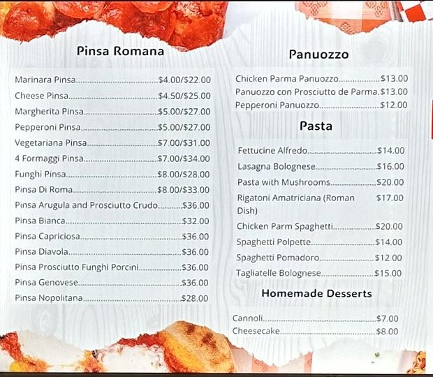 Close-up of the Pinsa Romana list on Pizza Di Roma's menu board, with two prices on every line