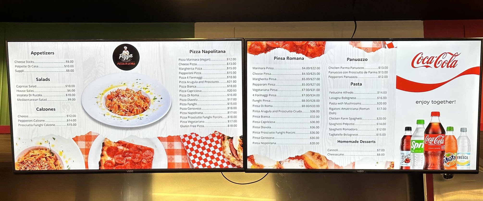 Pizza Di Roma's two boards: appetizers, salads, calzones and pizza on one; Pinsa Romana, pasta and drinks on the other