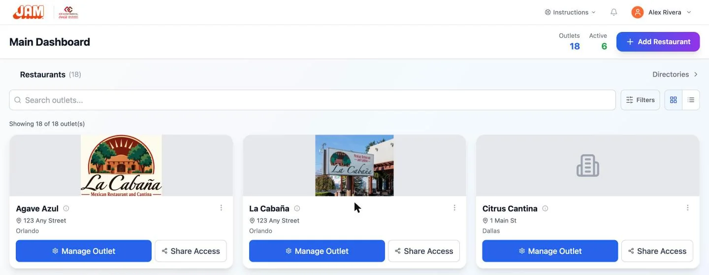 The Main Dashboard with restaurant cards