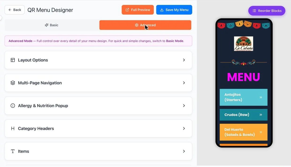 QR Menu Designer, Advanced mode