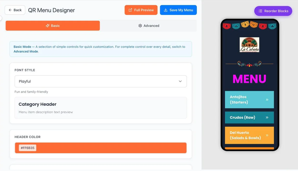 QR Menu Designer, Basic mode