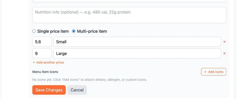 A multi-price item with Small and Large