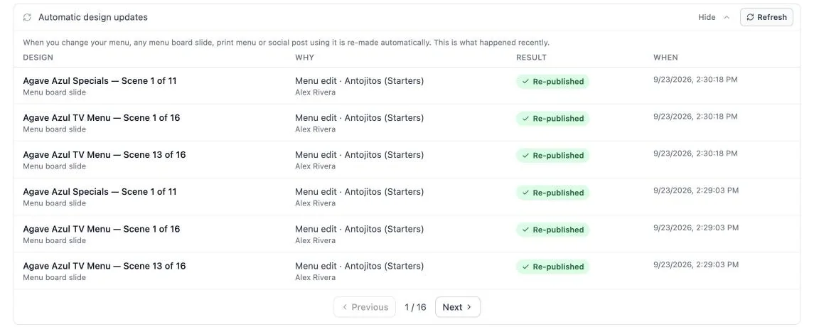 Automatic design updates showing re-published slides