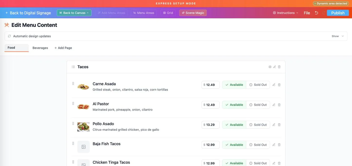 Menu editing inside JAM Canvas