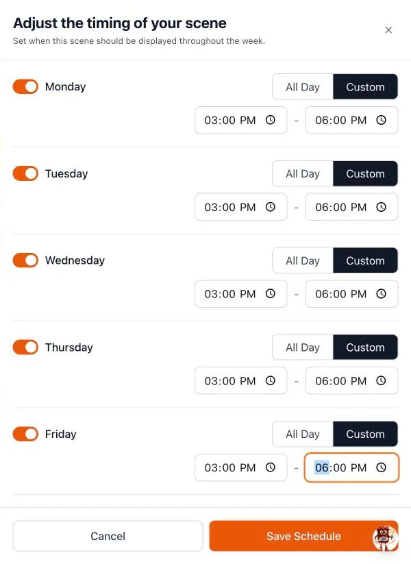Weekdays 3 PM to 6 PM