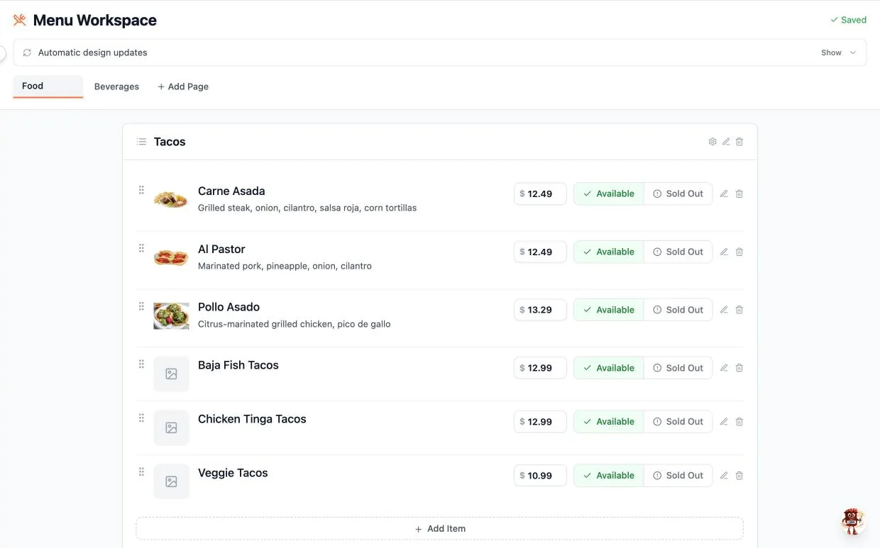 Menu Workspace with categories, photos and prices