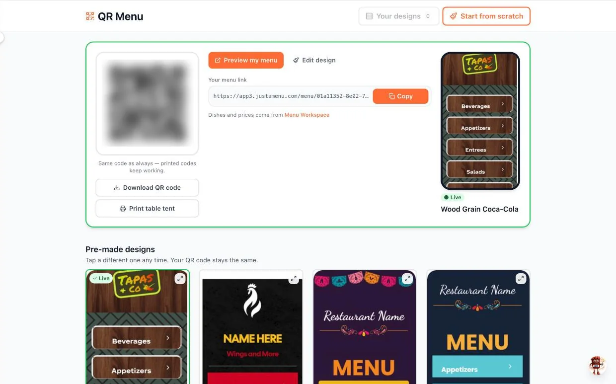 The QR Menu page with the live design