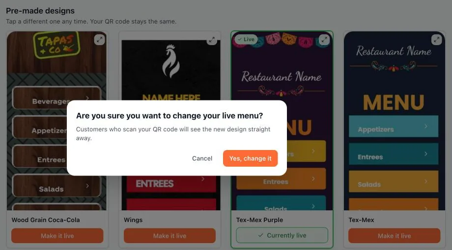 Are you sure you want to change your live menu?