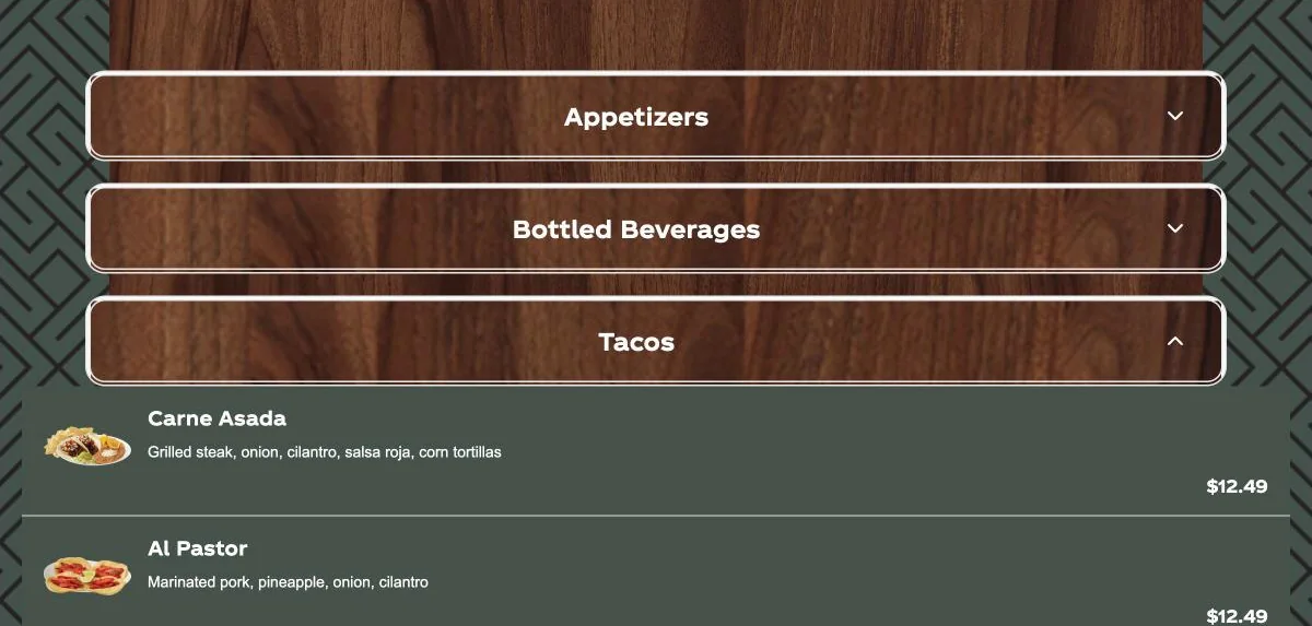 The Tacos category on a guest’s phone
