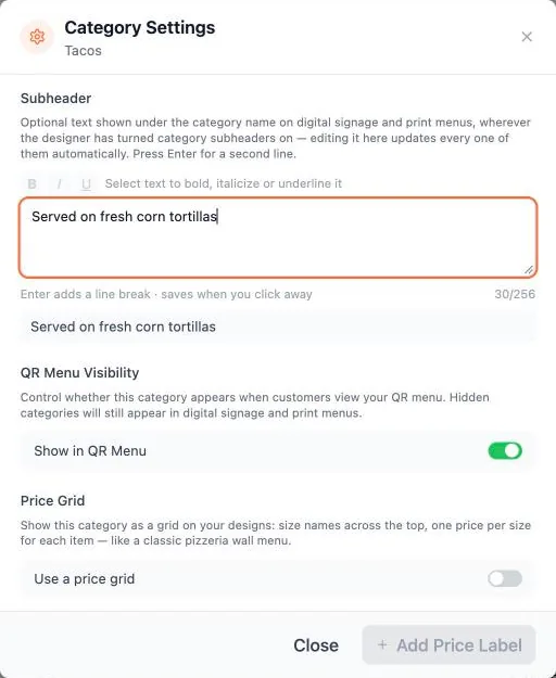 Category Settings with a subheader